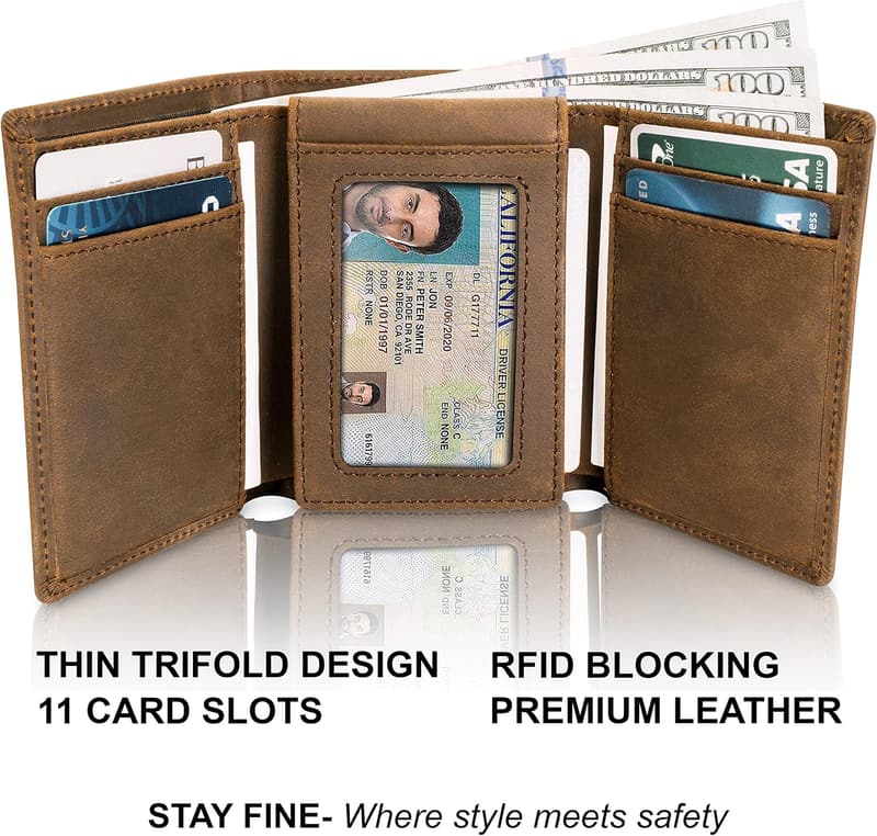 Men's Leather RFID Trifold Wallet - Slim, Flip-Up ID, Gift-Ready