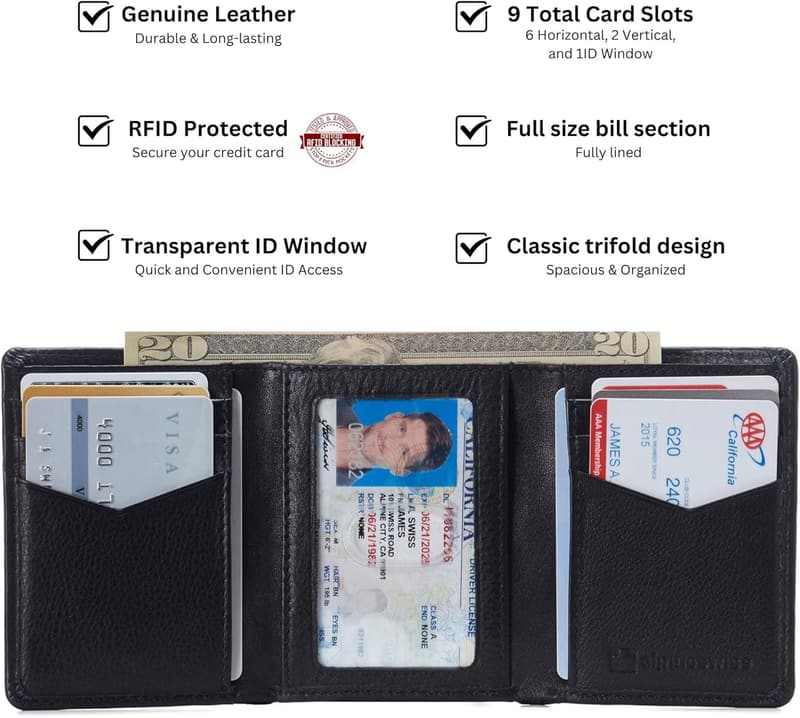 Men's Genuine Leather RFID Trifold Wallet with ID Window