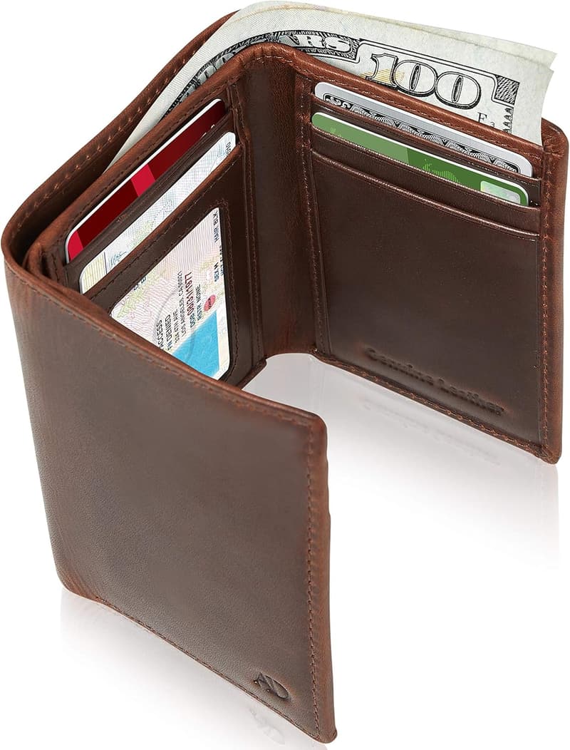 Genuine Leather Slim RFID Blocking Trifold Wallet for Men