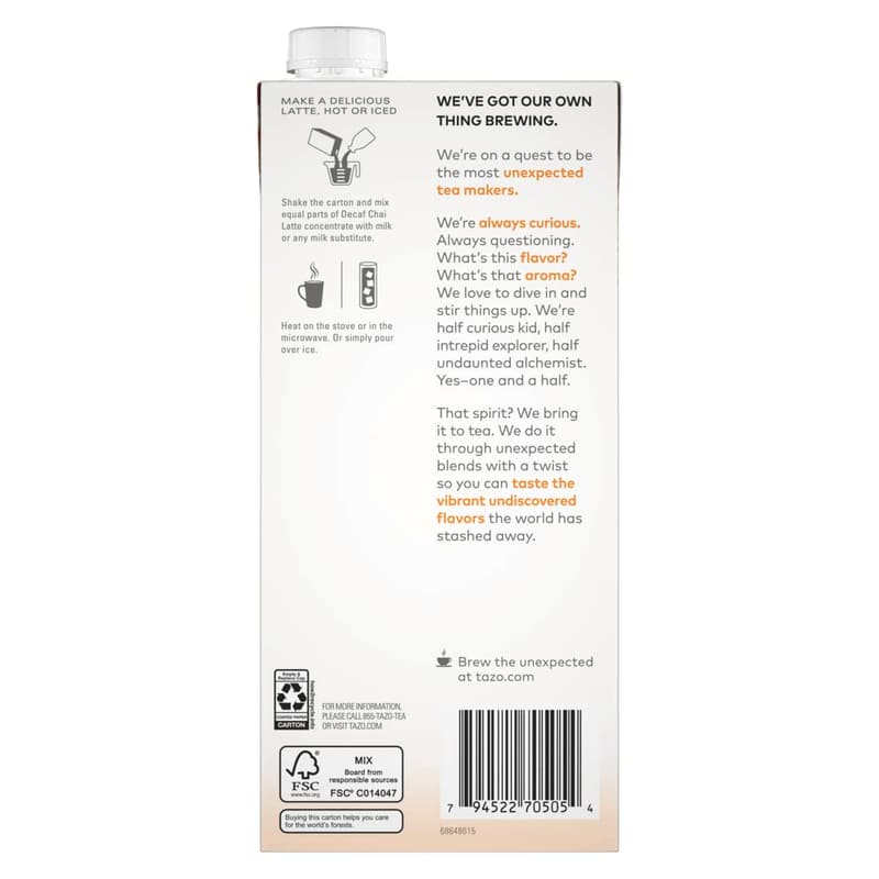 Decaf Chai Latte Tea Concentrate - 32 oz for Hot or Iced