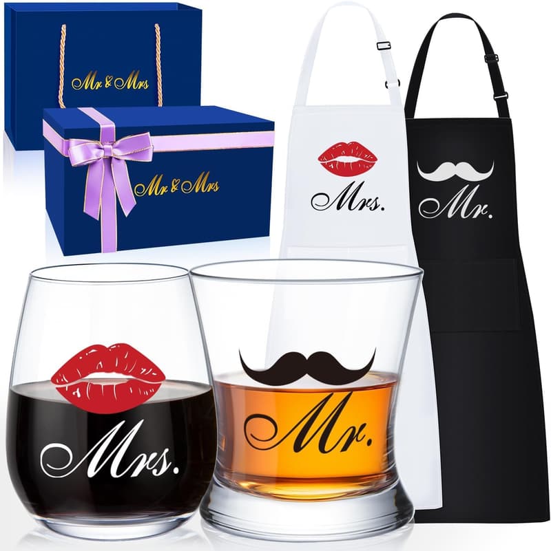 Wedding Gift Set: Mr & Mrs Apron & Whiskey Glasses