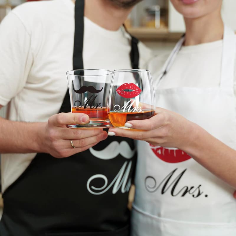 Wedding Gift Set: Mr & Mrs Apron & Whiskey Glasses
