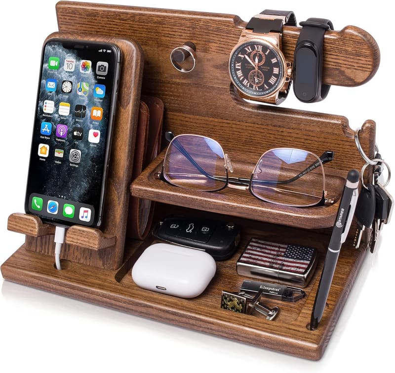 Birthday Gift: Wood Phone Docking Station for Men - Organizer & Key Holder