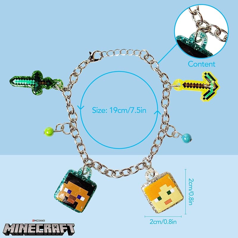 Minecraft Bracelet with 4 Metal Charms for Ages 3+