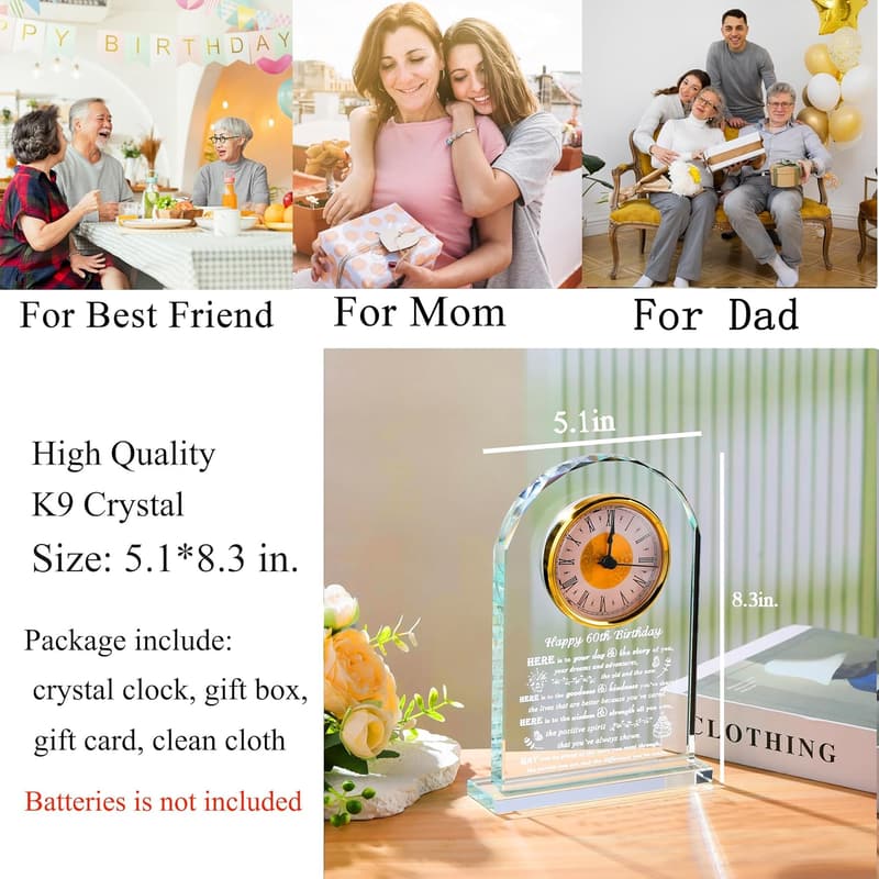 60th Birthday Crystal Clock Gift - Personalized for Him/Her
