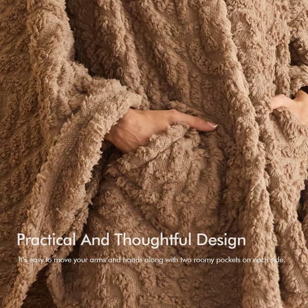 Wearable Fleece Blanket with Pockets for Adults, Brown