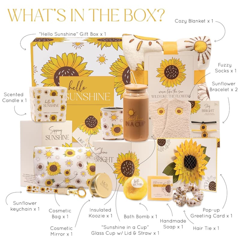 Sunflower Gift Box for Women - 15pc Birthday Care Package
