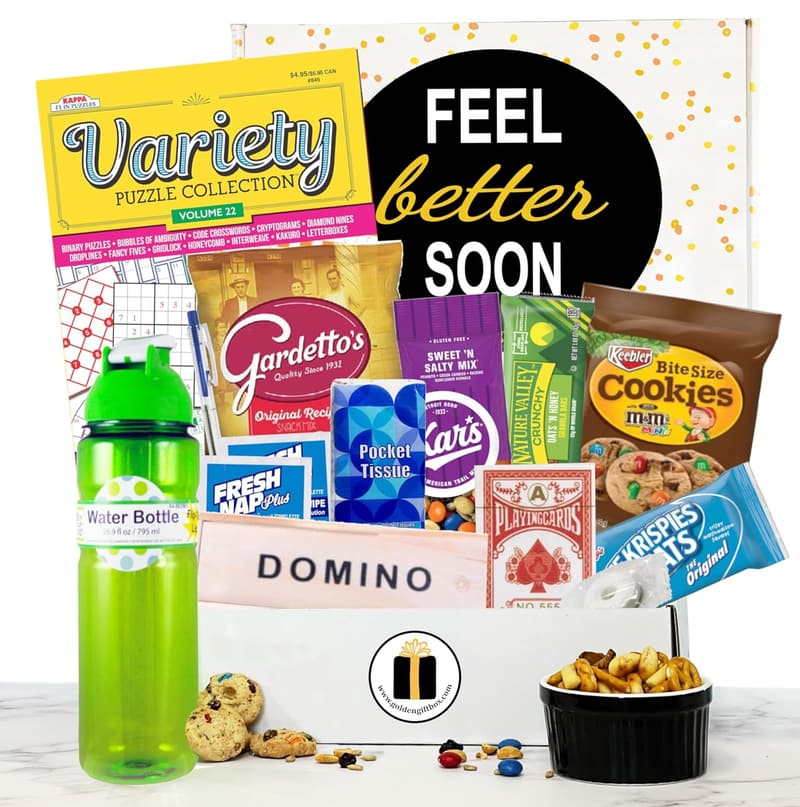 Feel Better Gift Basket with Games, Snacks & Comfort Essentials