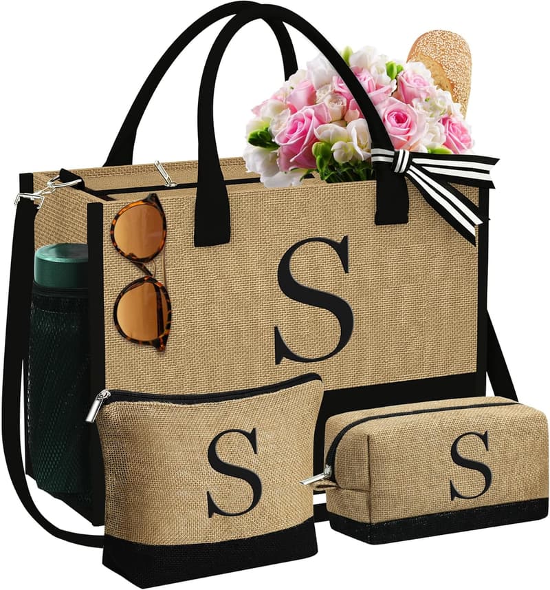 Personalized Birthday Gift: Initial Jute Tote & 2 Makeup Bags for Women