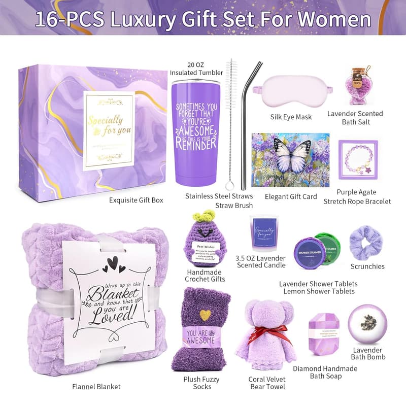 Lavender Spa Gift Basket for Women – 16-Piece Self-Care Set