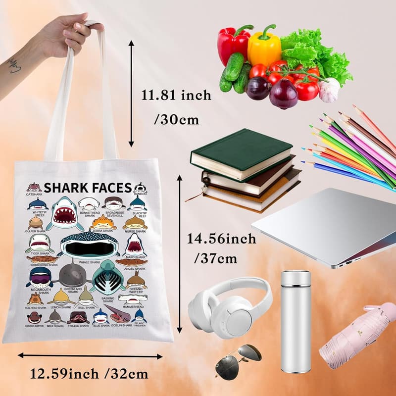 Shark Face Canvas Tote Bag for Shark Lovers