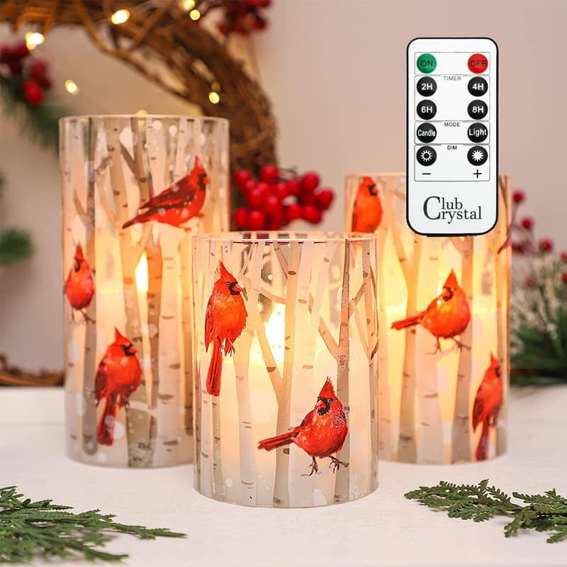 Christmas Cardinal Flameless Candles, Set of 3 with Remote