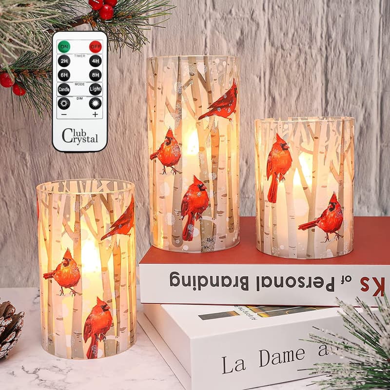 Christmas Cardinal Flameless Candles, Set of 3 with Remote
