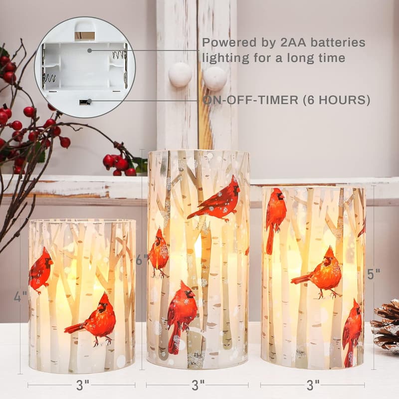 Christmas Cardinal Flameless Candles, Set of 3 with Remote