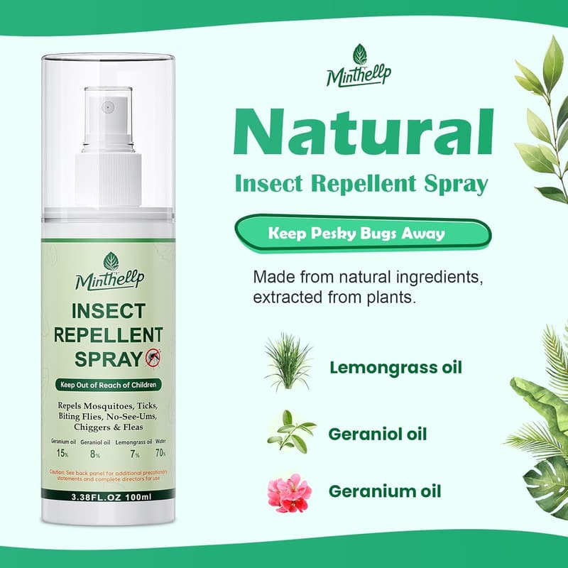 Natural Plant-Based Mosquito Repellent Spray, DEET-Free, 3.38 Fl Oz