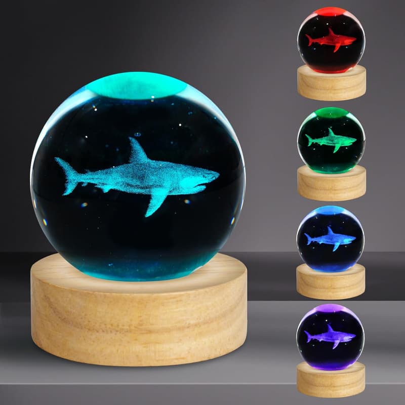 Shark Figurine 3D Crystal Ball Night Light - 16 Color Changing Decor