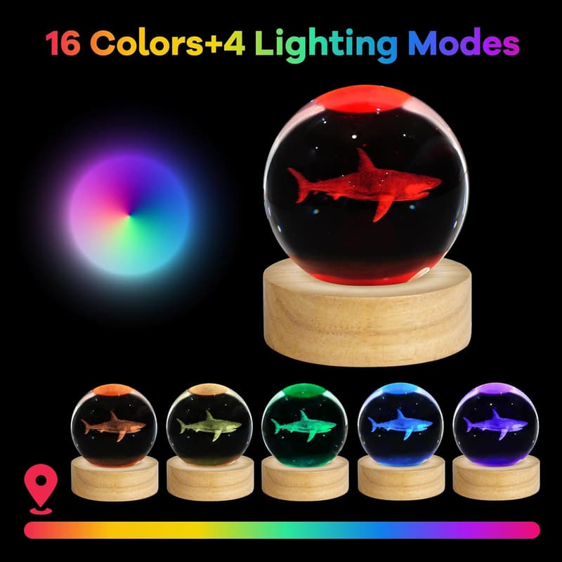 Shark Figurine 3D Crystal Ball Night Light - 16 Color Changing Decor