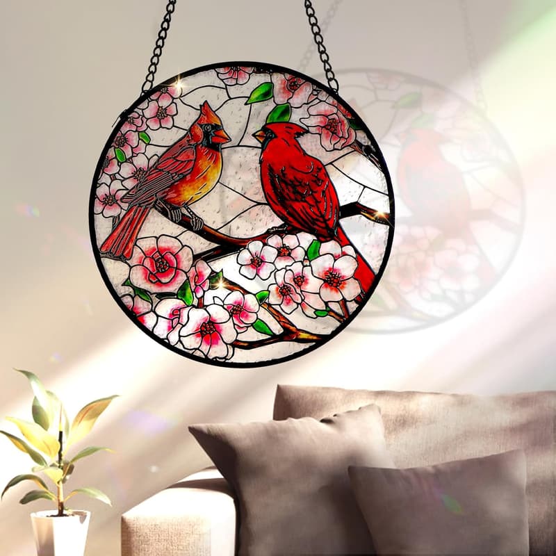 Mother's Day Cardinal Stained Glass Sun Catcher with Chain