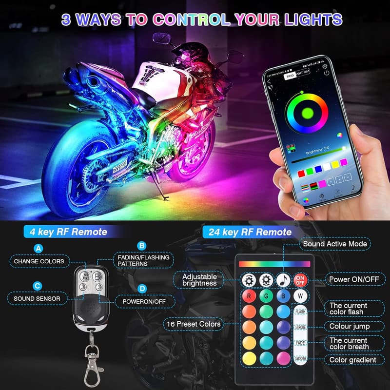 LED Motorcycle Underglow Light Kit with Remote Control, 24 Pcs