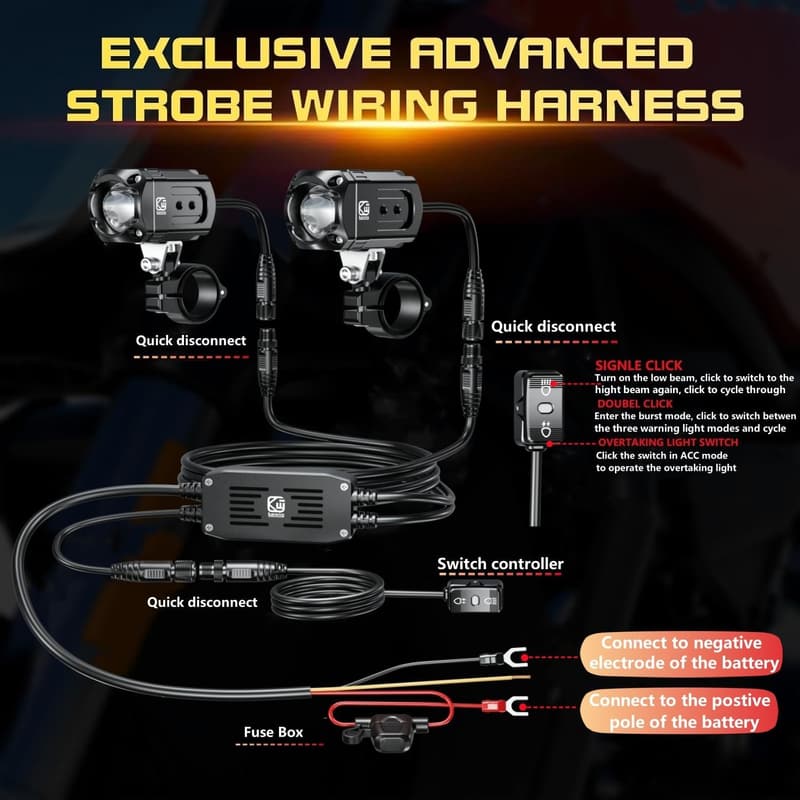 60W Motorcycle LED Fog Light Kit with Mounts & Wiring - Waterproof
