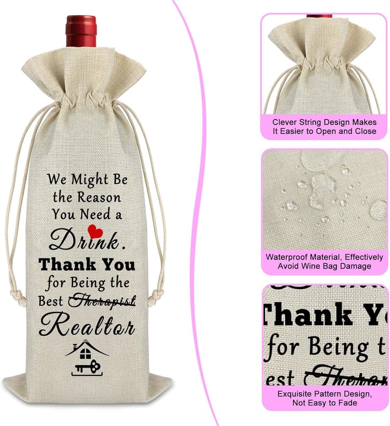 Realtor Wine Bag - Burlap Drawstring Housewarming Gift