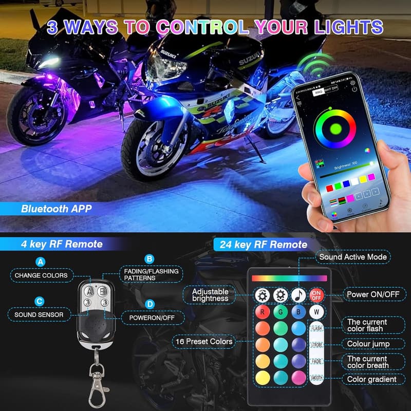Motorcycle LED Light Kit with Remote Control - RGB Underglow