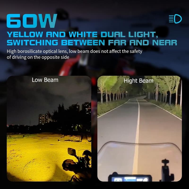 60W Motorcycle LED Spotlights with Waterproof Brackets and Harness