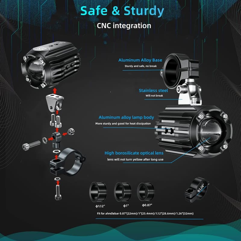 60W Motorcycle LED Spotlights with Waterproof Brackets and Harness