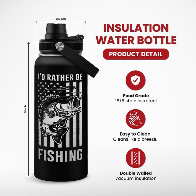 Fishing Water Bottle - 32oz Insulated Stainless Steel for Dads