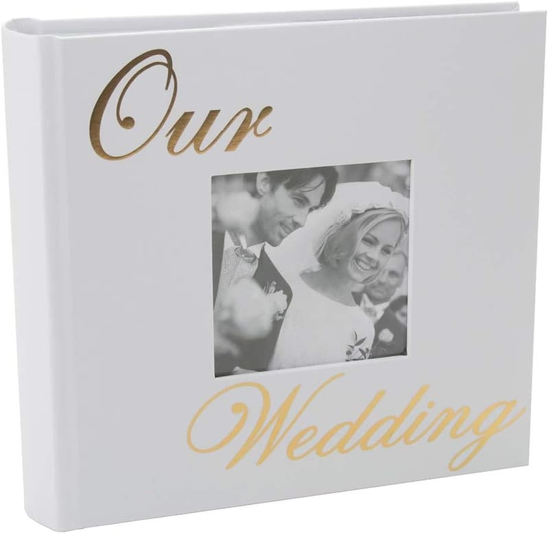 Wedding Day Photo Album - Modern White with Gold Foil, Holds 80 Photos