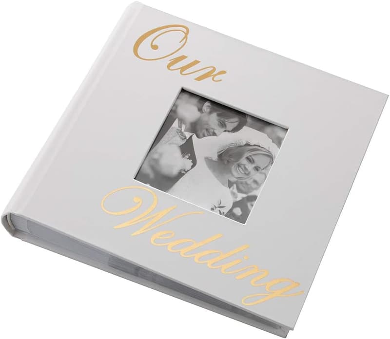 Wedding Day Photo Album - Modern White with Gold Foil, Holds 80 Photos