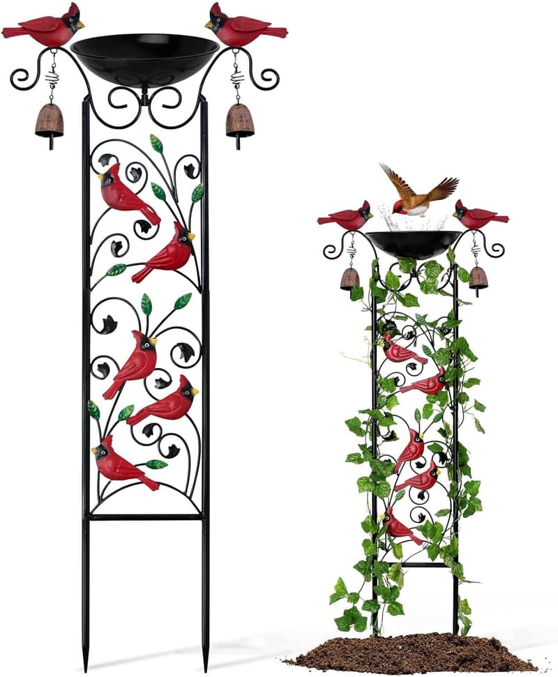 Cardinal Bird Bath Trellis and Feeder for Garden Decor