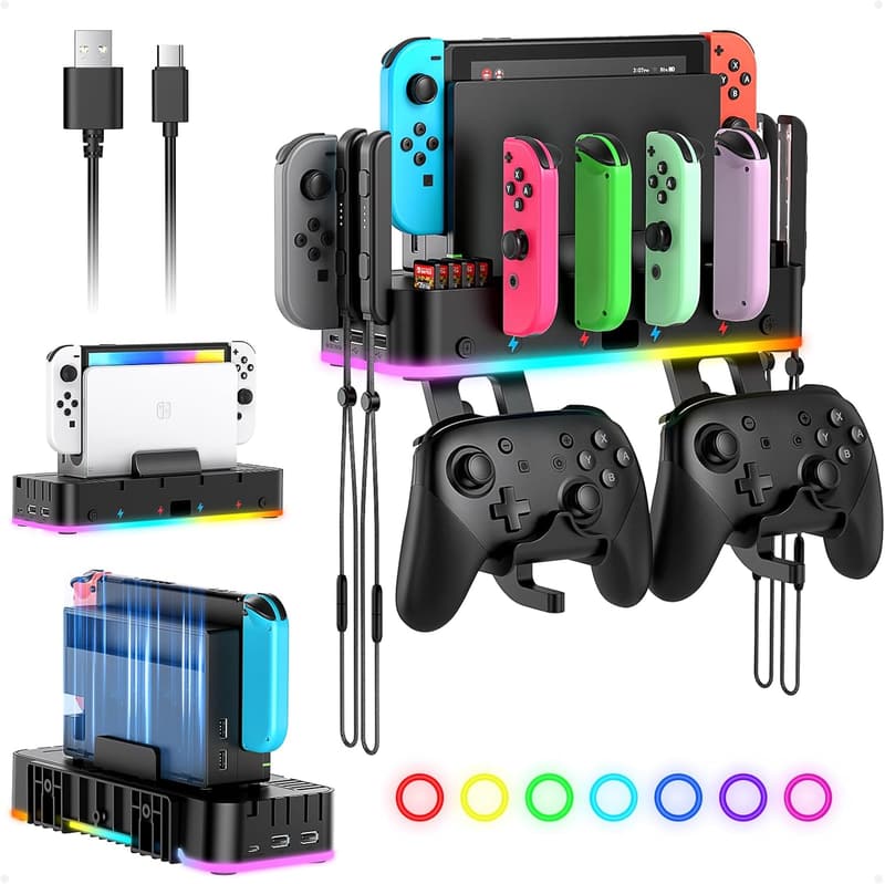Nintendo Switch Wall Mount with RGB Charger and Organizer