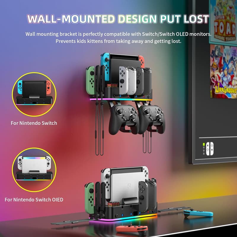 Nintendo Switch Wall Mount with RGB Charger and Organizer