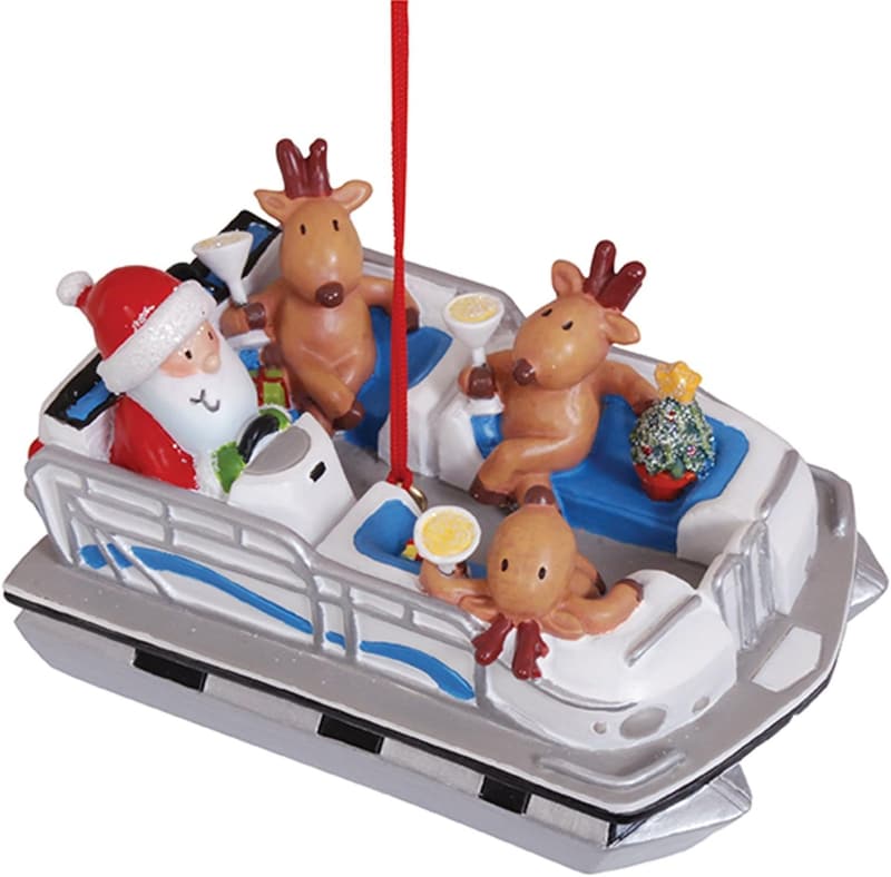 Cape Shore Santa & Reindeer Pontoon Boat Holiday Ornament