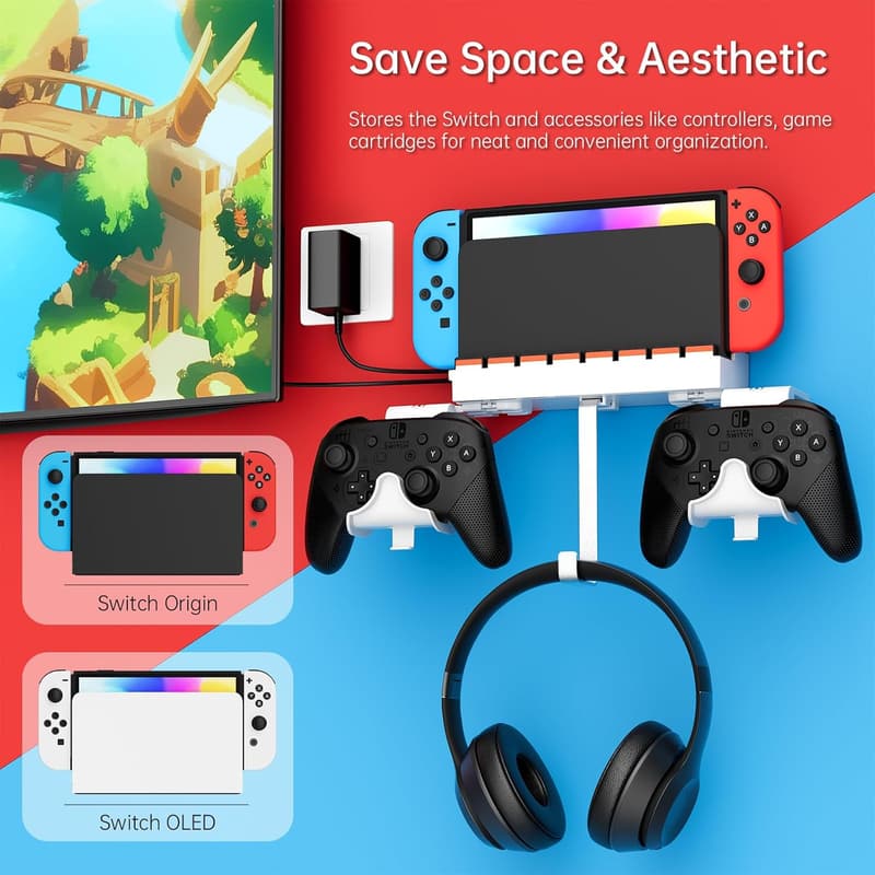 Switch Wall Mount with Hooks for Joy-Cons - White