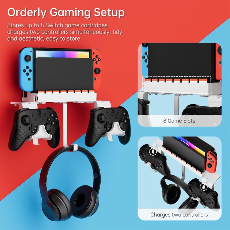 Switch Wall Mount with Hooks for Joy-Cons - White