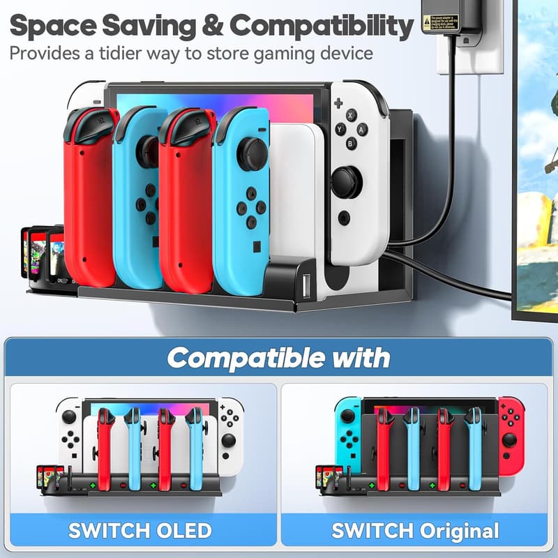Nintendo Switch Wall Mount with Charging Dock & Game Storage