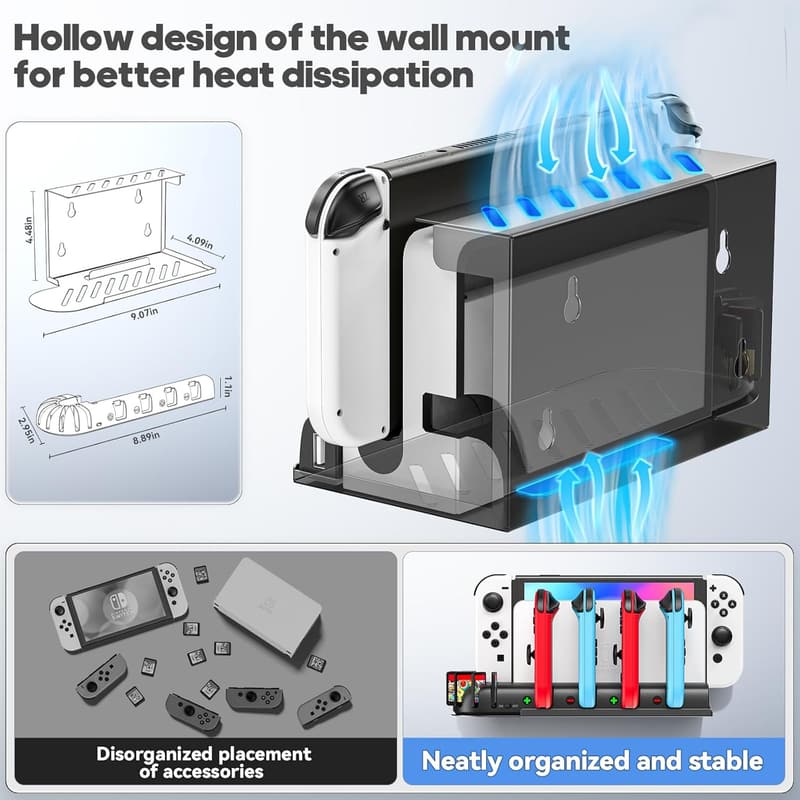 Nintendo Switch Wall Mount with Charging Dock & Game Storage