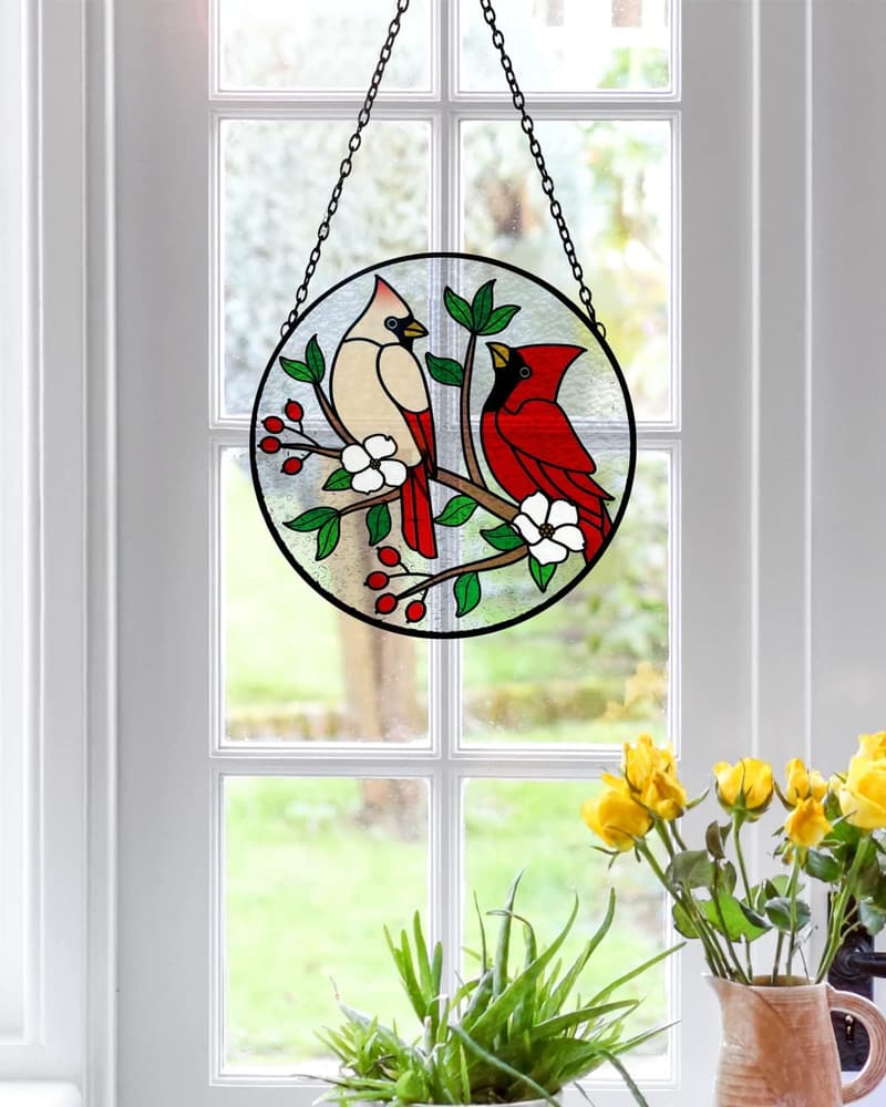 Hand-Painted Cardinal Stained Glass Suncatcher for Grandma