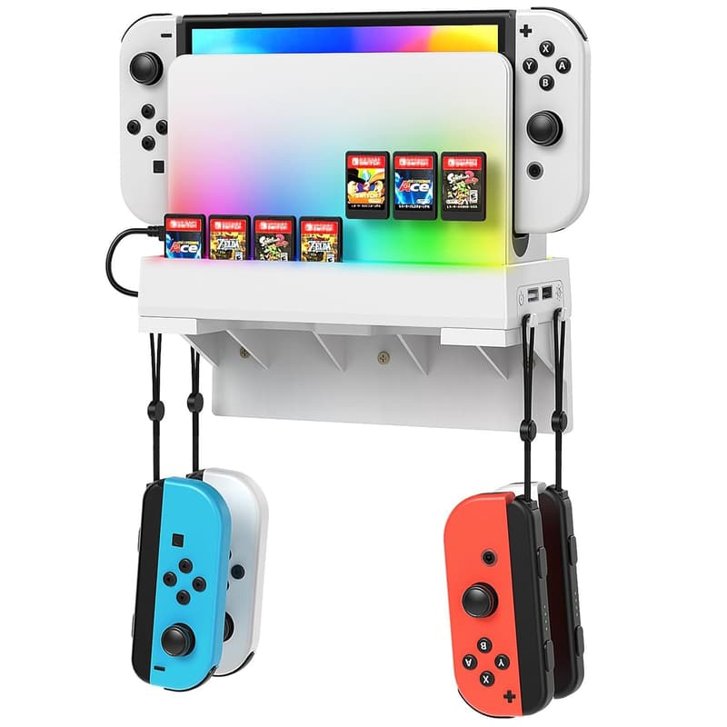 Nintendo Switch Wall Mount with LED, Game Shelf & Storage