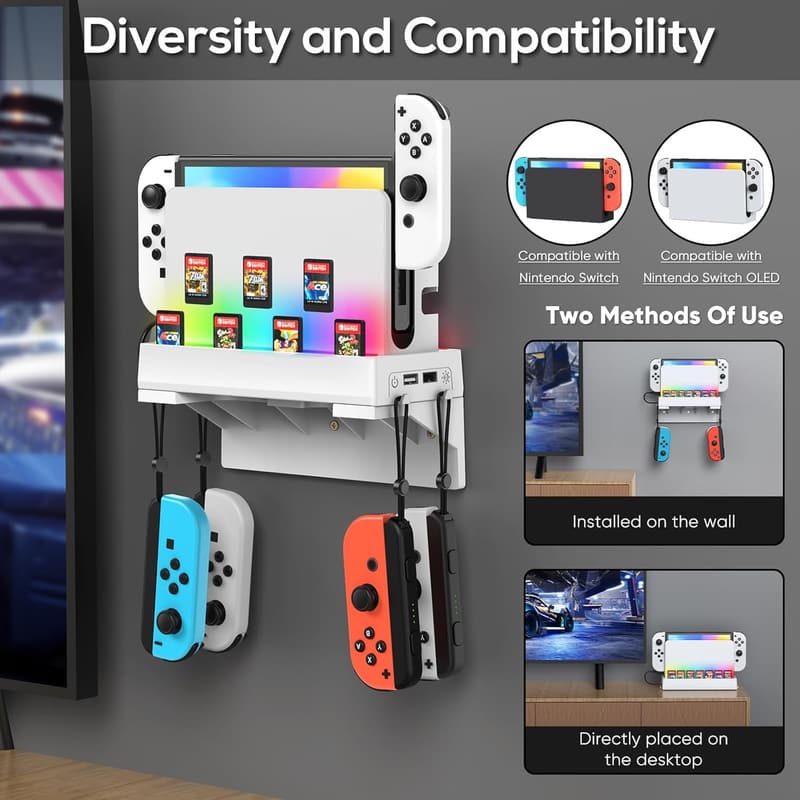 Nintendo Switch Wall Mount with LED, Game Shelf & Storage