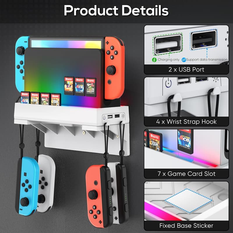 Nintendo Switch Wall Mount with LED, Game Shelf & Storage