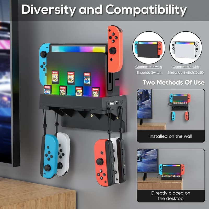 Nintendo Switch Wall Mount with Charging Dock and Game Storage