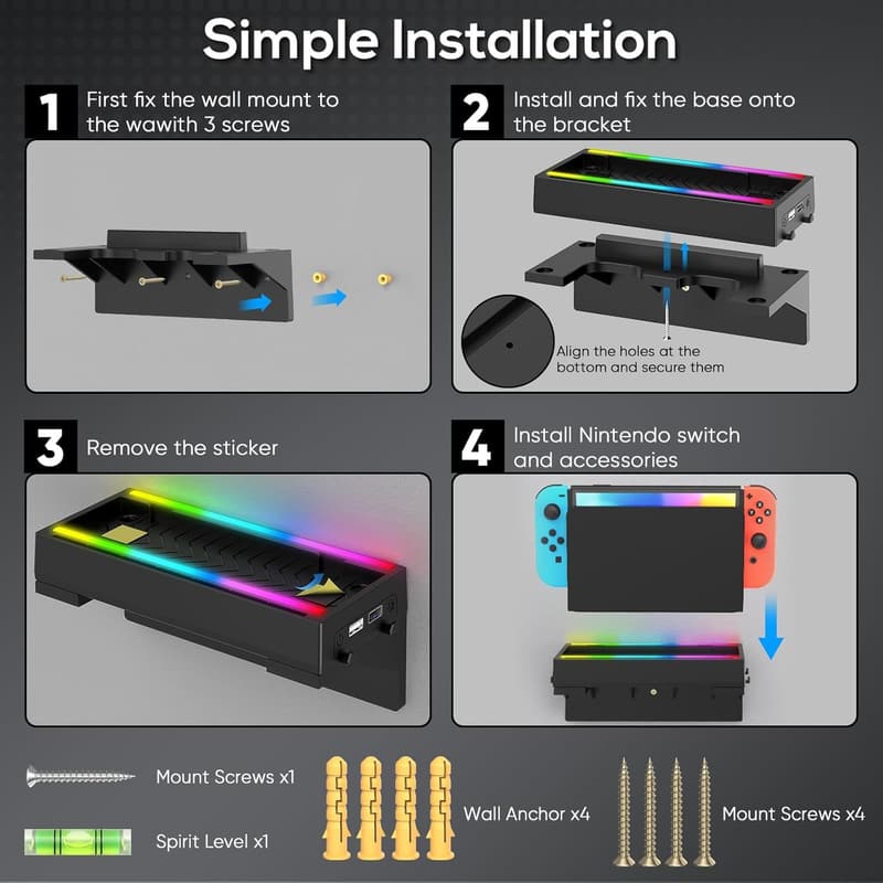 Nintendo Switch Wall Mount with Charging Dock and Game Storage