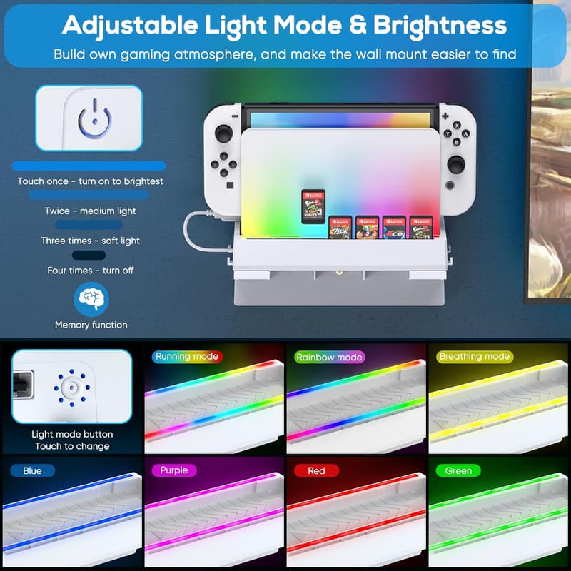 Nintendo Switch OLED Wall Mount Kit with RGB Lights & 7 Slots