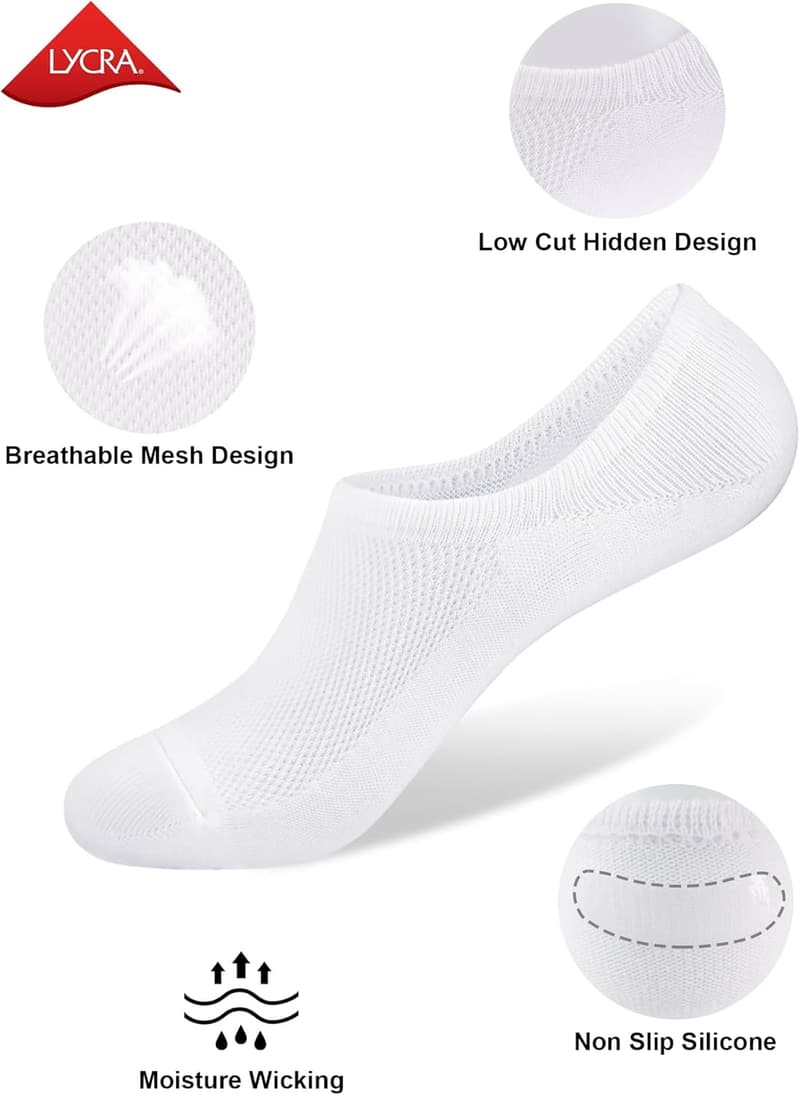 Cotton No-Show Socks for Men, Thin & Non-Slip, 6-Pack