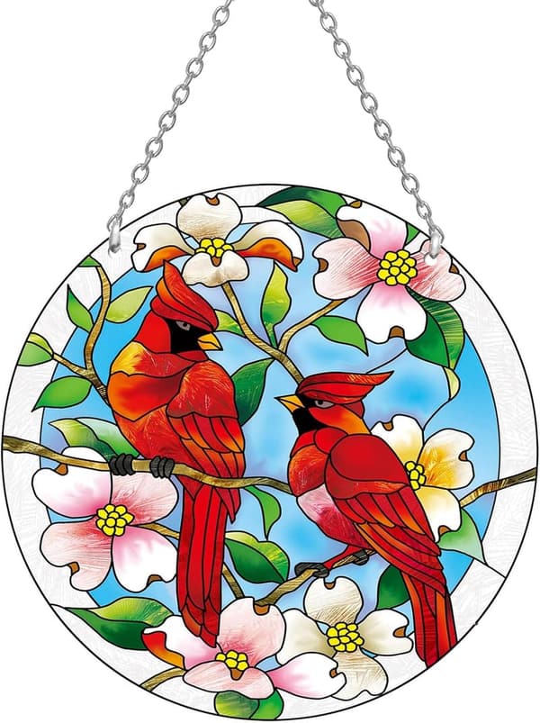 Hand-Painted Cardinal Stained Glass Suncatcher for Bird Lovers
