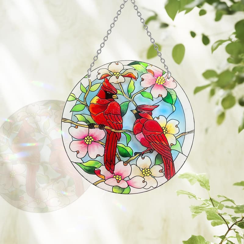 Hand-Painted Cardinal Stained Glass Suncatcher for Bird Lovers