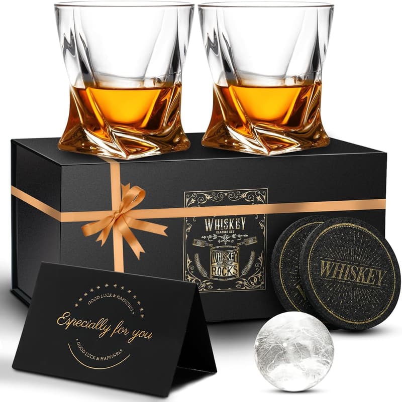 Classic Whiskey Glass Set - 11 Oz Crystal Glasses with Ice Molds